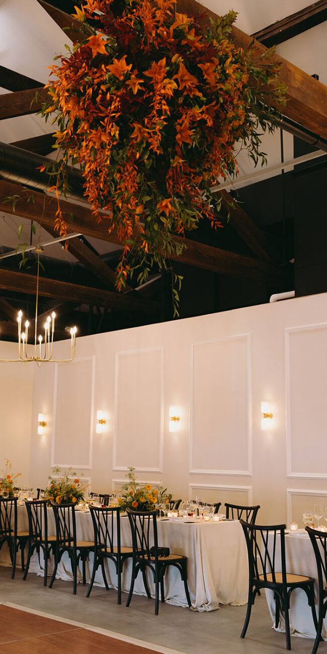 Beautiful hanging florals and elegant table setting