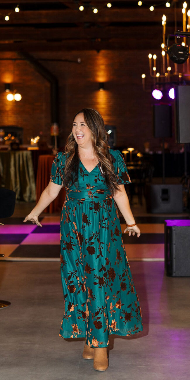 Wedding guest in colorful dress