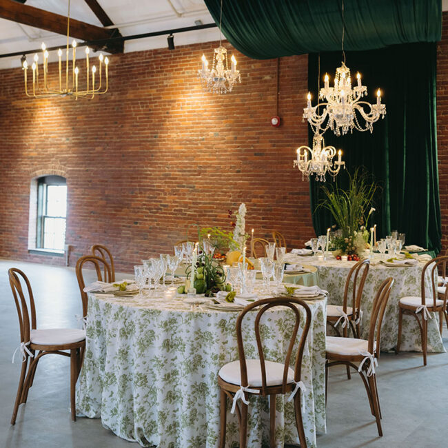 Beautiful table linens and historic brick walled interior at The Hawthorn NH