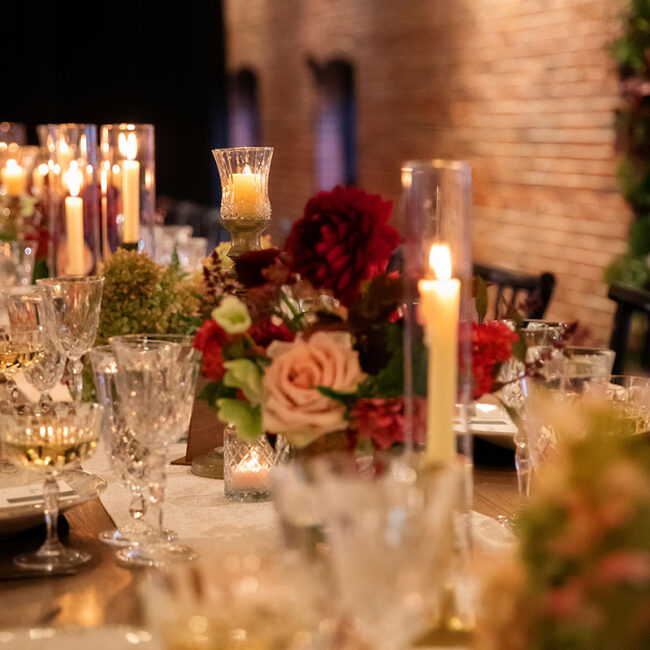 Glassware and florals on elegant table