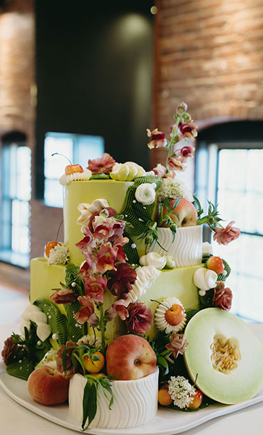 Colorful, decorated cake with florals and fruit at The Hawthorn, Portsmouth NH