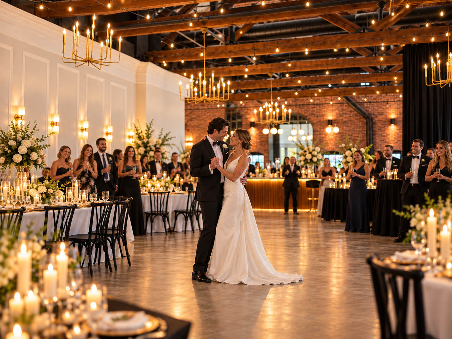 Bride and groom dancing at The Hawthorn with candelights